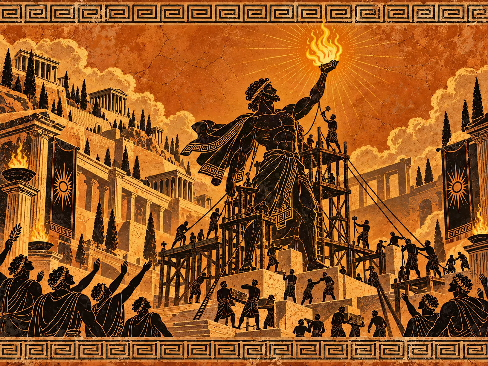 Black-figure panel: a giant statue of Prometheus rising inside scaffolding